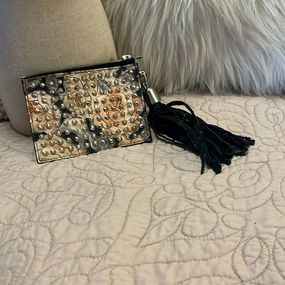 Snakeskin Embossed Studded Floral Zipper Suede Fringe Handle Pouch Card Holder